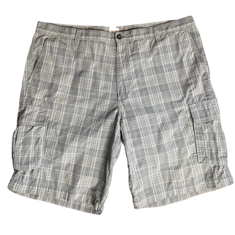 Mens Dockers Washed 100% Cotton Cargo Shorts Gray Plaid 10" Inseam Size 42
